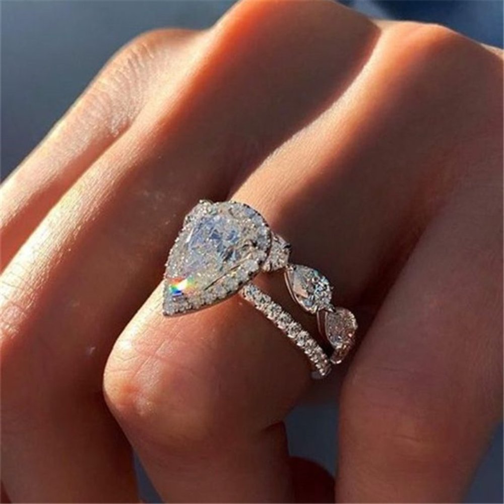 Beautiful Water Drop Bright Zircon Brass Pear Wedding Ring for Women, PD393 - Picture 4 of 6